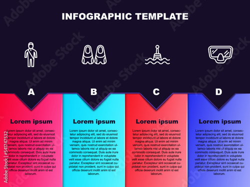 Set line Wetsuit for scuba diving, Flippers swimming, Floating buoy and Diving mask. Business infographic template. Vector