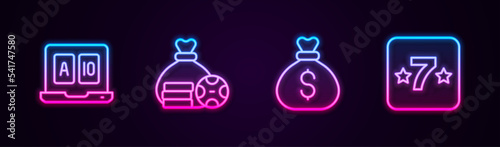 Set line Online poker table game, Money bag, and Casino slot machine. Glowing neon icon. Vector