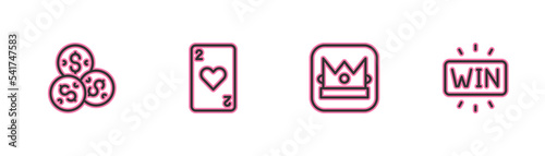 Set line Casino chip with dollar, King playing card, Playing heart and win icon. Vector