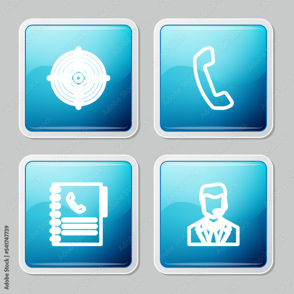 Set line Target sport, Telephone handset, Phone book and Man with headset icon. Vector Set line Target sport, Telephone handset, Phone book and Man with headset icon. Vector
