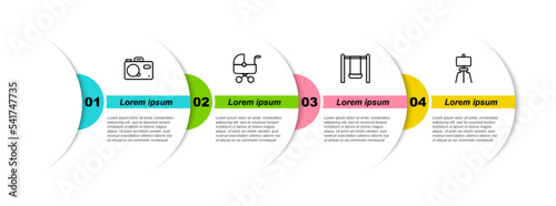 Set line Photo camera, Baby stroller, Swing and Wood easel. Business infographic template. Vector