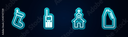 Set line Christmas sock, Walkie talkie, Church building and Household chemicals bottle. Glowing neon icon. Vector