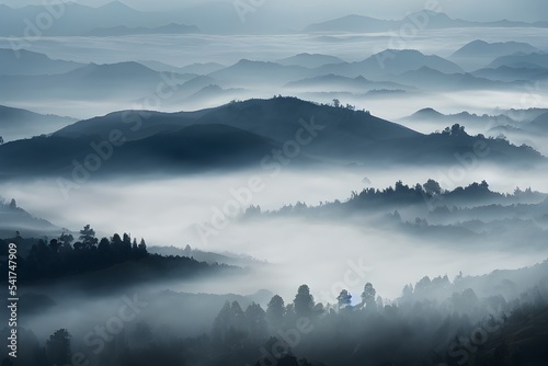 Mountains and valley blanketed in thick fog. 