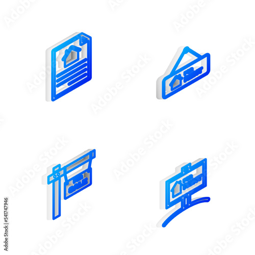Set Isometric line Hanging sign with For Rent, House contract, Sale and icon. Vector © vector_v