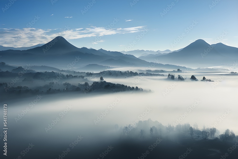Mountains and valley blanketed in thick fog. 
