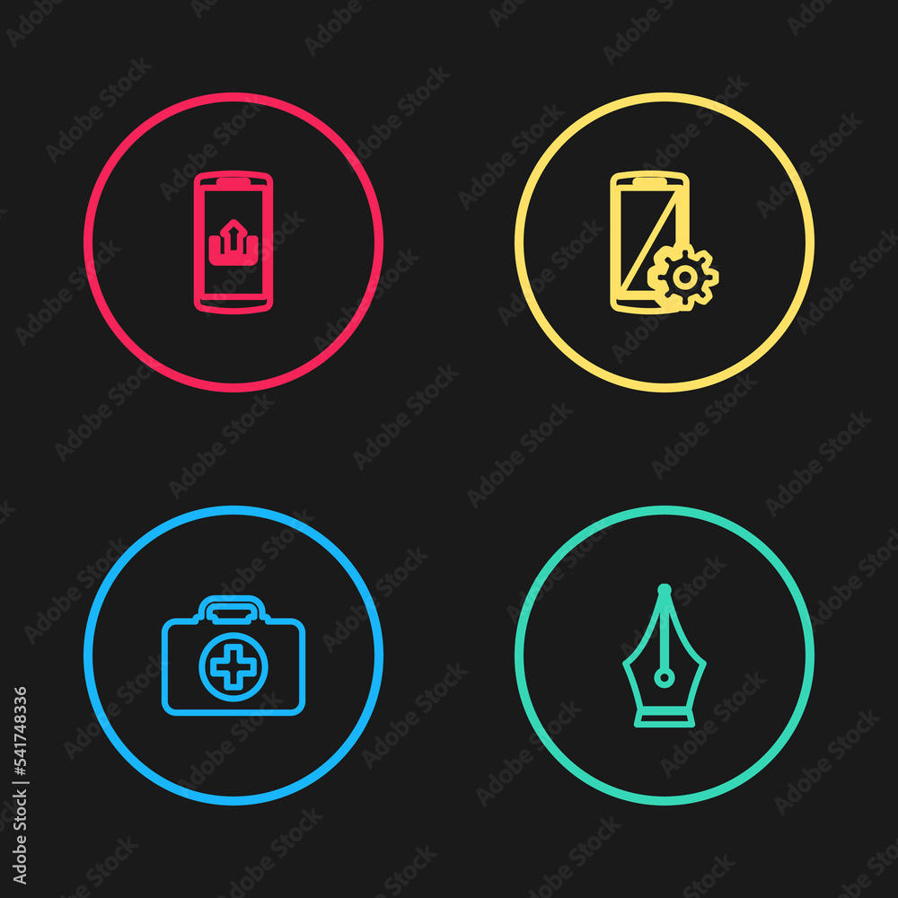 Set line First aid kit, Fountain pen nib, Setting on smartphone and Smartphone with upload icon. Vector Set line First aid kit, Fountain pen nib, Setting on smartphone and Smartphone with upload icon. Vector