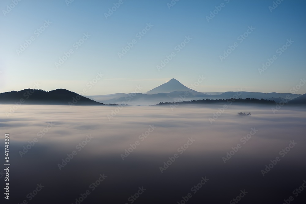 Mountains and valley blanketed in thick fog. 