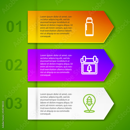 Set line Canteen water bottle, Calendar with tree, Location of the forest and Kayak canoe. Business infographic template. Vector