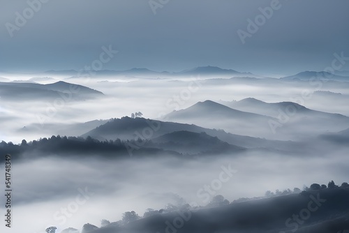 Mountains and valley blanketed in thick fog.  © ECrafts