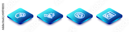 Set Isometric line Head with marijuana or cannabis, Marijuana leaf, Herbal ecstasy tablets and Plastic bag of icon. Vector