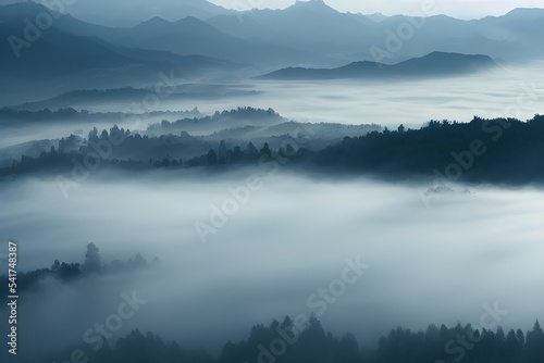 Mountains and valley blanketed in thick fog. 