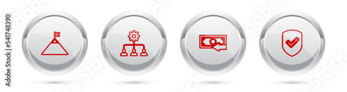 Set line Mountains and flag, Lead management, Cash back and Shield with check mark. Silver circle button. Vector