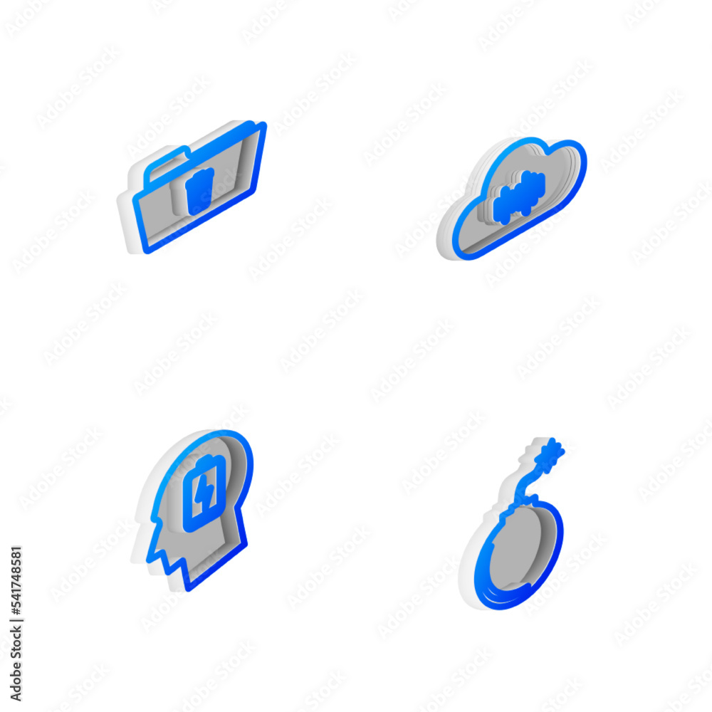Set Isometric line Music streaming service, Delete folder, Head with low battery and Bomb ready to explode icon. Vector Set Isometric line Music streaming service, Delete folder, Head with low battery and Bomb ready to explode icon. Vector