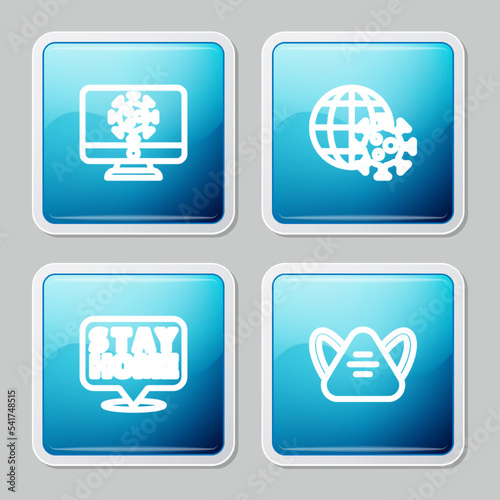 Set line Virus statistics on monitor, Earth globe with virus, Stay home and Medical protective mask icon. Vector