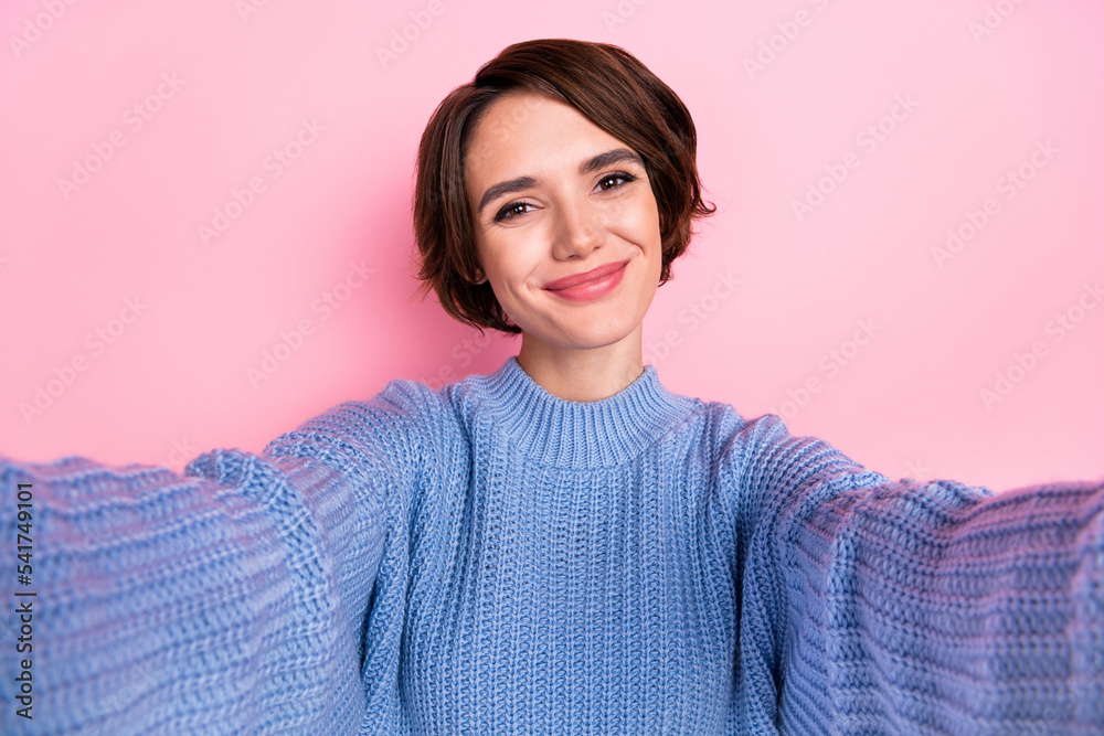 Fototapeta premium Photo of satisfied gorgeous lady make selfie recording video isolated on pink color background
