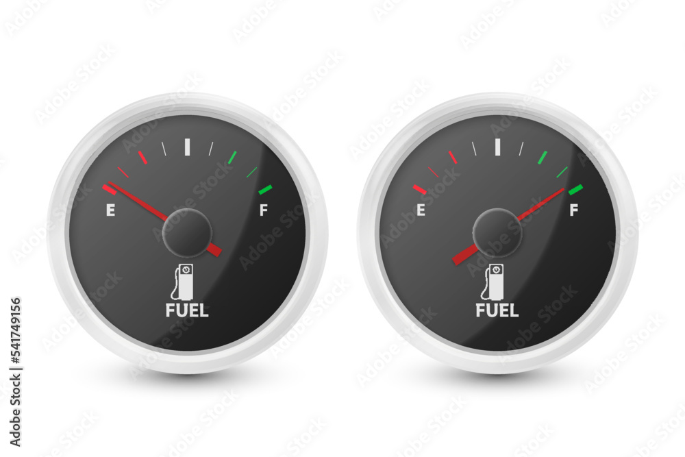 Vector 3d Realistic Black and White Circle Gas Fuel Tank Gauge, Oil
