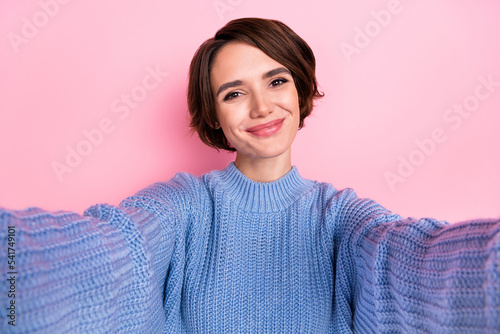 Photo of satisfied gorgeous lady make selfie recording video isolated on pink color background