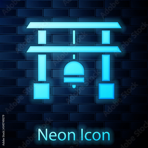 Glowing neon Japan Gate icon isolated on brick wall background. Torii gate sign. Japanese traditional classic gate symbol. Vector Illustration
