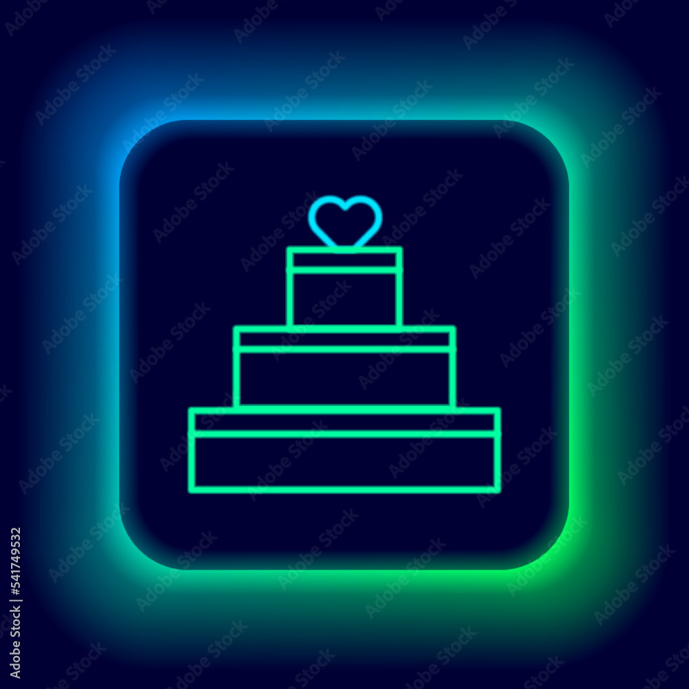 Glowing neon line Wedding cake with heart icon isolated on black background. Valentines day symbol. Colorful outline concept. Vector Glowing neon line Wedding cake with heart icon isolated on black background. Valentines day symbol. Colorful outline concept. Vector