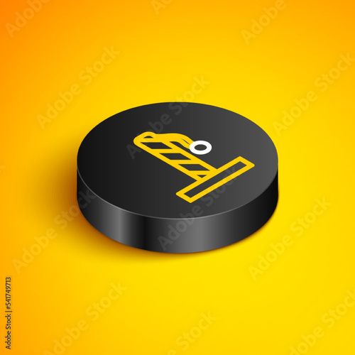 Isometric line Cat scratching post with toy icon isolated on yellow background. Black circle button. Vector