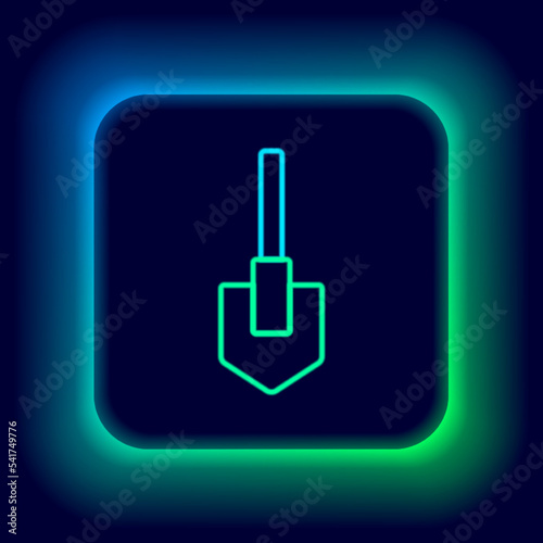 Glowing neon line Shovel icon isolated on black background. Gardening tool. Tool for horticulture, agriculture, farming. Colorful outline concept. Vector