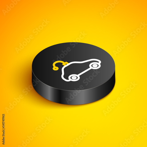 Isometric line Radio controlled car toy icon isolated on yellow background. Control remote car toy. Black circle button. Vector