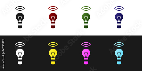 Set Smart light bulb system icon isolated on black and white background. Energy and idea symbol. Internet of things concept with wireless connection. Vector