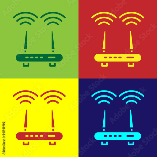 Pop art Router and wi-fi signal icon isolated on color background. Wireless ethernet modem router. Computer technology internet. Vector