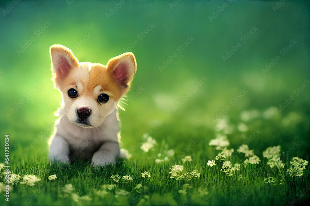 Digital Painting of a cute Puppy on a meadow Digital Painting of a cute Puppy on a meadow