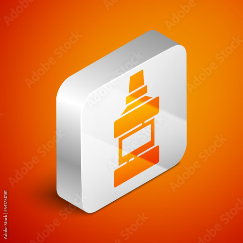 Isometric Mouthwash plastic bottle and glass icon isolated on orange background. Liquid for rinsing mouth. Oralcare equipment. Silver square button. Vector