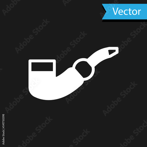 White Smoking pipe icon isolated on black background. Tobacco pipe. Vector