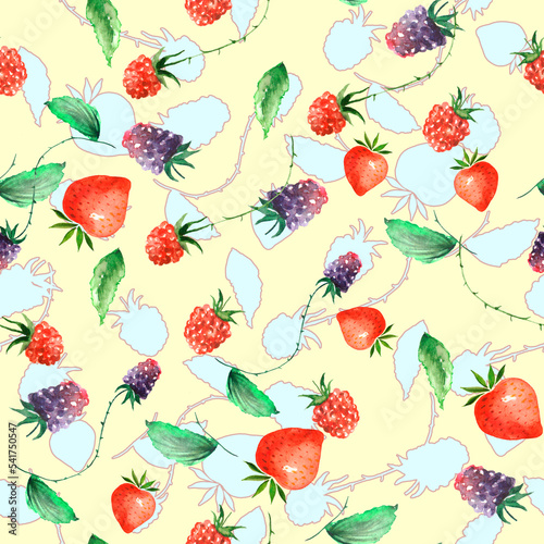 Vintage seamless watercolor pattern. Berry set - raspberries, blackberries, Strawberry, wild strawberries, green leaves, branches. Graphic background, trendy line design. Botanical illustration