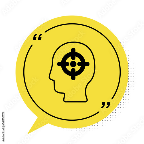 Black Head hunting icon isolated on white background. Business target or Employment sign. Human resource and recruitment for business. Yellow speech bubble symbol. Vector