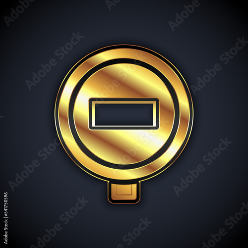 Gold Stop sign icon isolated on black background. Traffic regulatory warning stop symbol. Vector