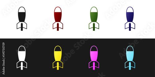 Set Rocket launcher with missile icon isolated on black and white background. Vector