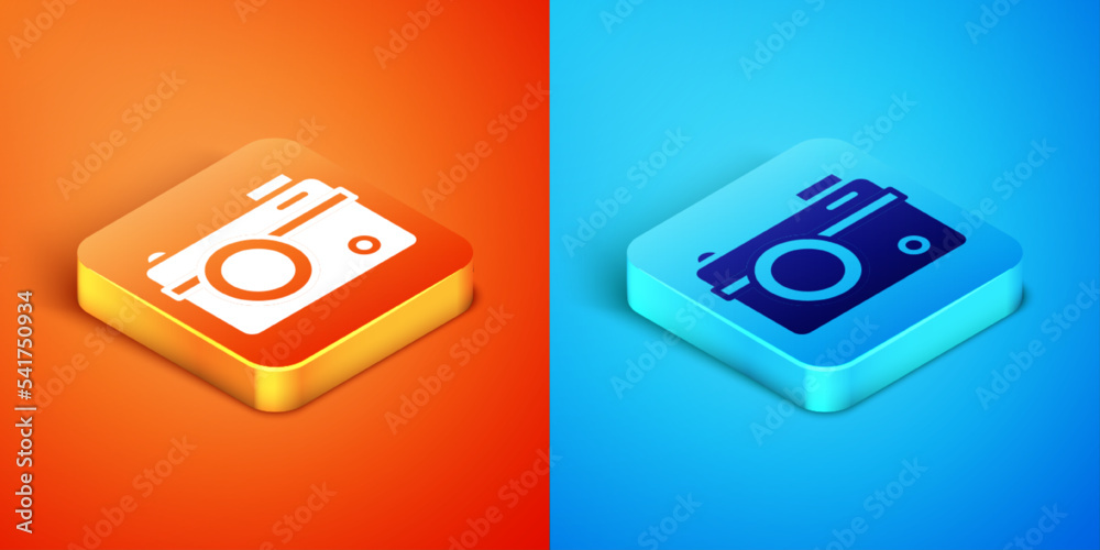 Isometric Photo camera icon isolated on orange and blue background. Foto camera. Digital photography. Vector Isometric Photo camera icon isolated on orange and blue background. Foto camera. Digital photography. Vector