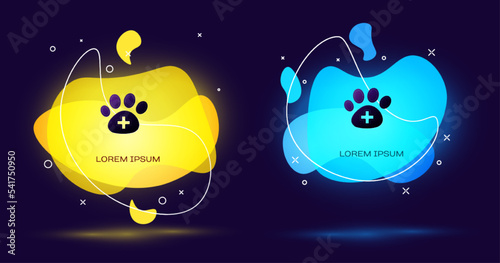 Black Veterinary clinic symbol icon isolated on black background. Cross hospital sign. A stylized paw print dog or cat. Pet First Aid sign. Abstract banner with liquid shapes. Vector