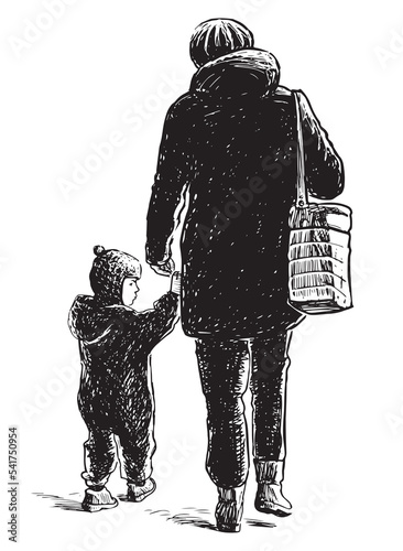 Hand drawing of casual towns woman with little son walking outdoors