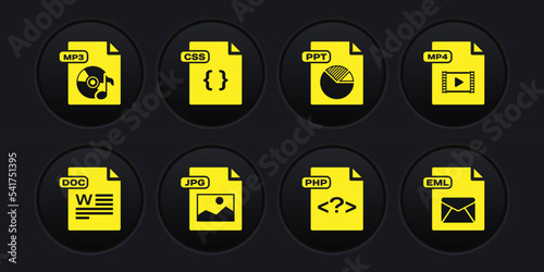 Set DOC file document, MP4, JPG, PHP, PPT, CSS, EML and MP3 icon. Vector