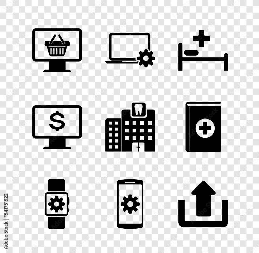 Set Monitor with shopping basket, Laptop and gear, Hospital bed, Smartwatch setting, Setting smartphone and Upload icon. Vector Set Monitor with shopping basket, Laptop and gear, Hospital bed, Smartwatch setting, Setting smartphone and Upload icon. Vector
