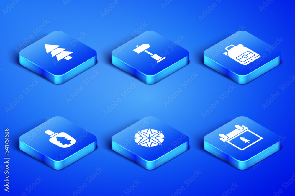 Set Calendar with tree, Tree, Wind rose, Canteen water bottle, Road traffic signpost and Hiking backpack icon. Vector Set Calendar with tree, Tree, Wind rose, Canteen water bottle, Road traffic signpost and Hiking backpack icon. Vector