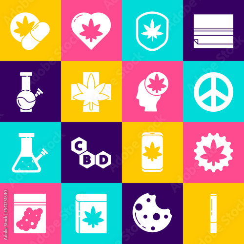 Set Marijuana joint, or cannabis leaf, Peace, Shield and marijuana, Medical, Glass bong for smoking, Herbal ecstasy tablets and Head with icon. Vector