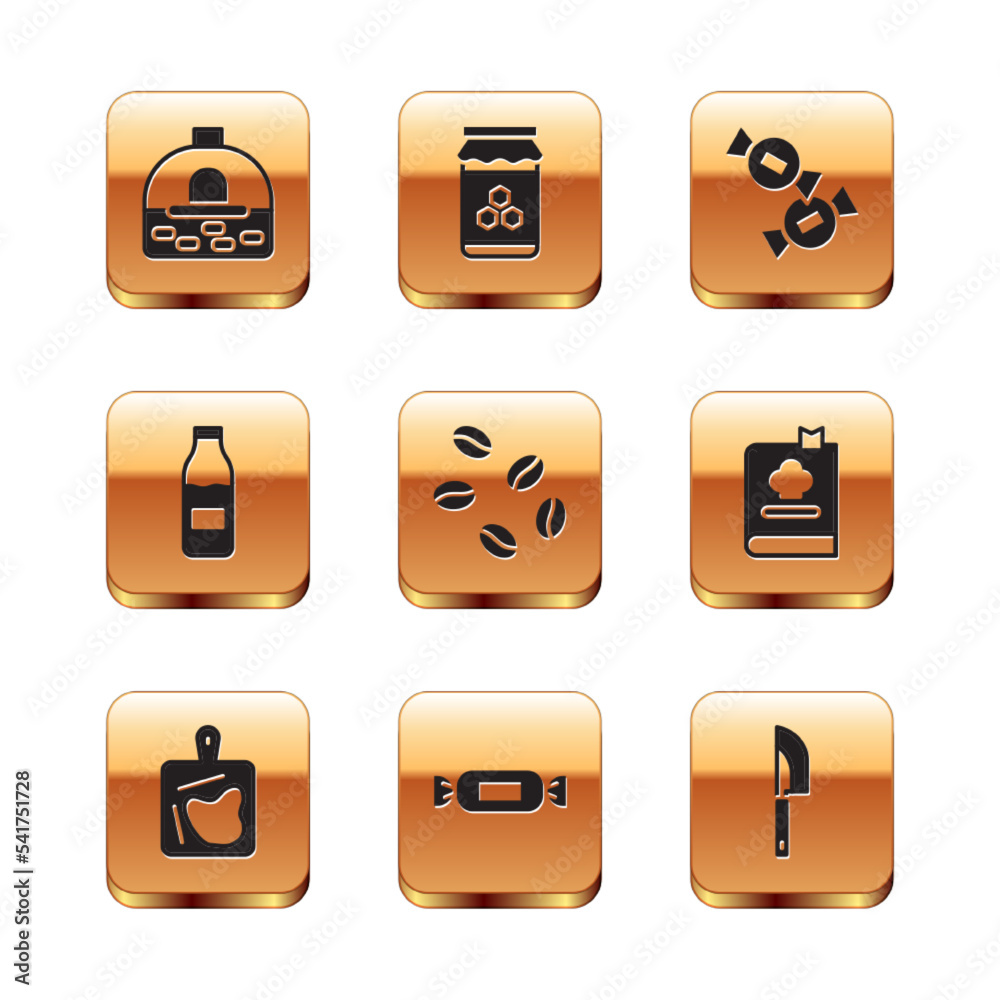 Set Brick stove, Cutting board, Candy, Coffee beans, Bottle with milk, Knife and Jar honey icon. Vector Set Brick stove, Cutting board, Candy, Coffee beans, Bottle with milk, Knife and Jar honey icon. Vector