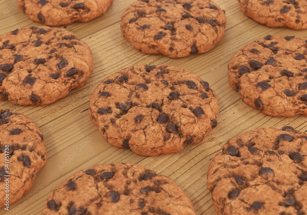 Cookies with chocolate chips on a wooden table, 3d render Cookies with chocolate chips on a wooden table, 3d render