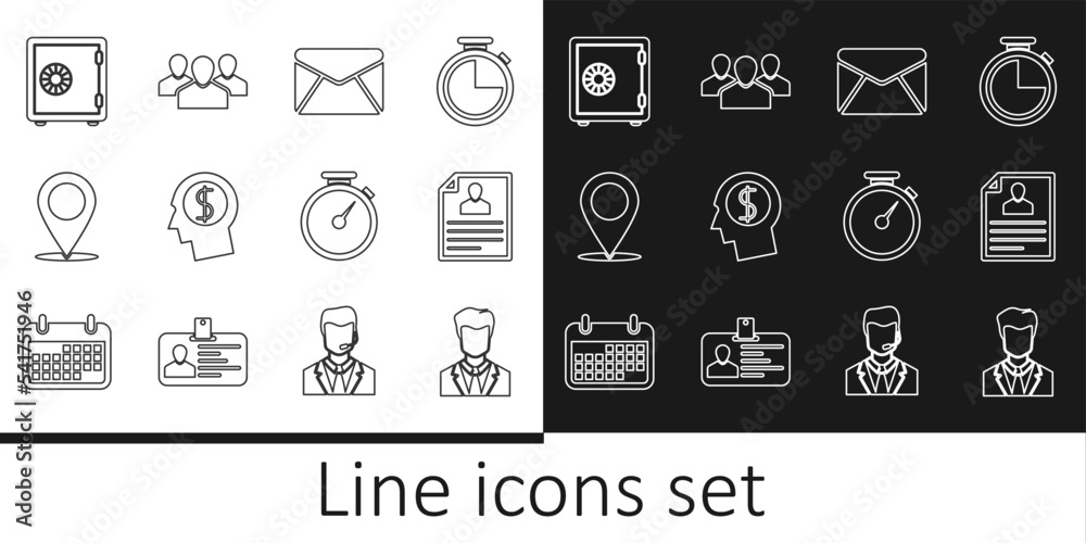 Set line User of man in business suit, Resume, Envelope, Business planning mind, Map pin, Safe, Stopwatch and Users group icon. Vector