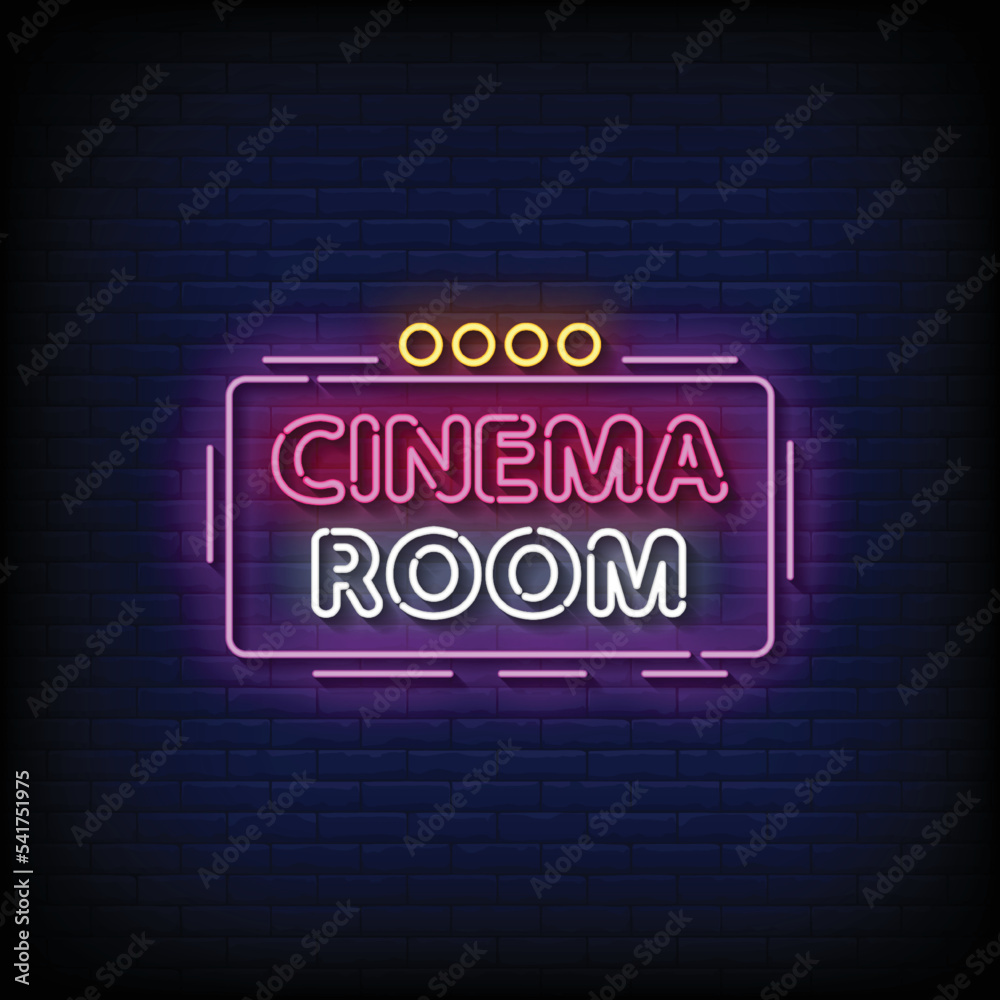 Neon Sign cinema room with brick wall background vector