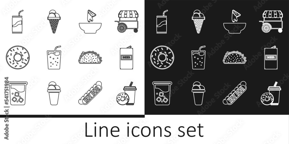 Set line Soda drink with donut, Beer can, Nachos plate, Glass water, Donut, drinking straw, Taco tortilla and Ice cream waffle cone icon. Vector