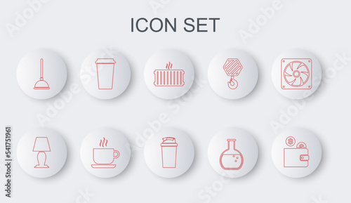 Set line Wallet with coin, Table lamp, Heating radiator, Test tube and flask, Rubber plunger, Coffee cup, and Fitness shaker icon. Vector