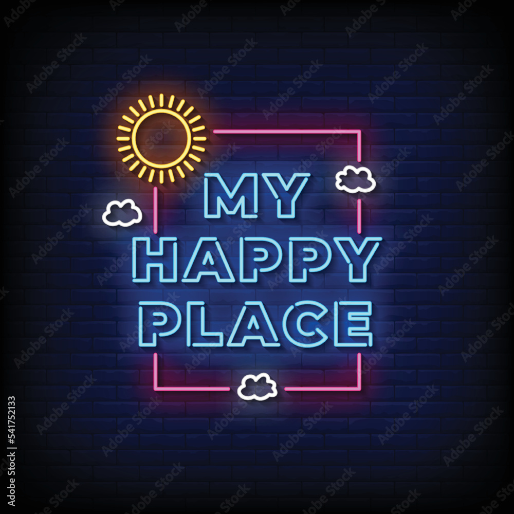 Neon Sign happy place with brick wall background vector