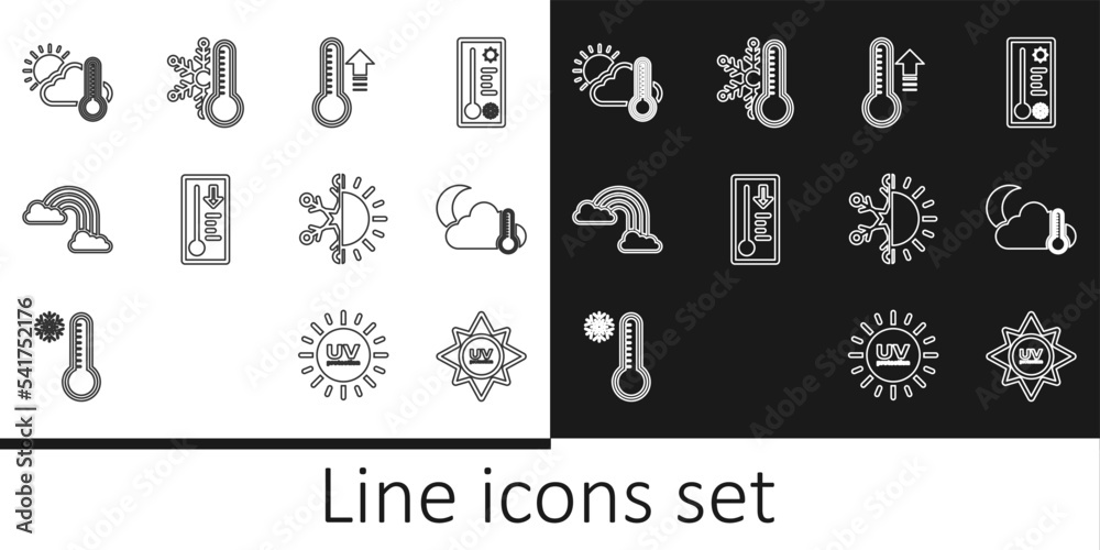 Set line UV protection, Thermometer and cloud, moon, Meteorology thermometer, Rainbow with clouds, sun, Sun snowflake and icon. Vector
